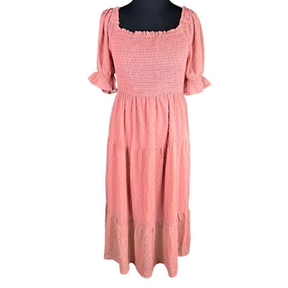 Women's Square Neck Puff Sleeve Boho Midi Dress Swiss Dot Ruffle Flowy Dress xl - Picture 2 of 6